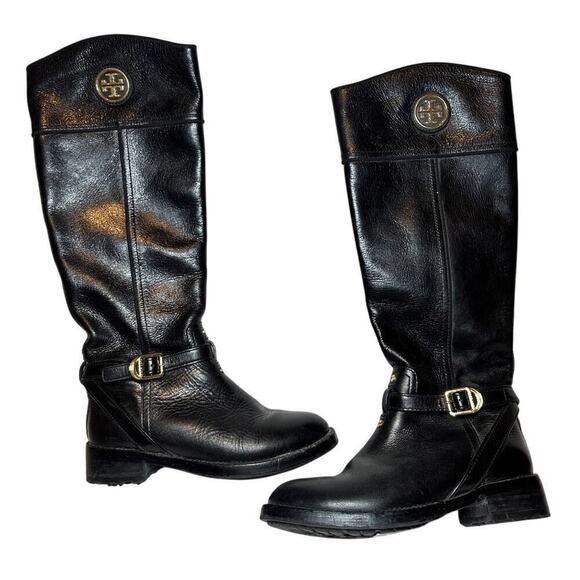 Tory Burch Size 5.5 Logo Tall Side Zipper Riding Boot Black Leather Quiet Luxury - Picture 1 of 12